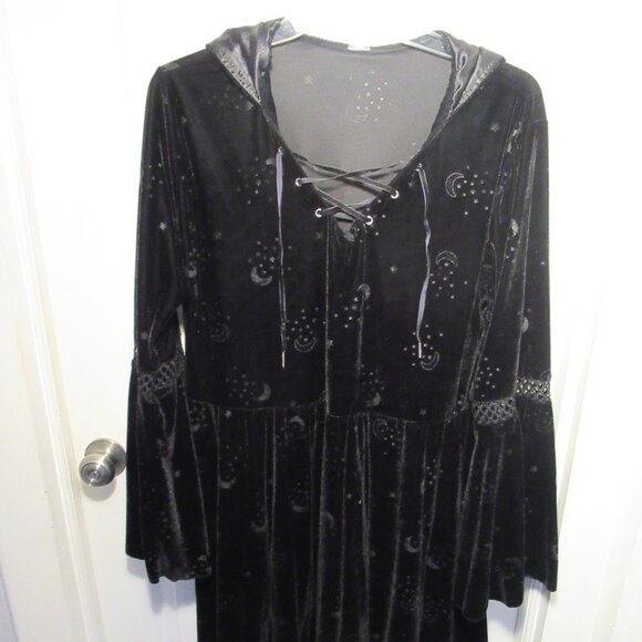 Plus Size 2X Coven Black Velvet Hooded Dress Spirit Stars Moon Celestial Witch - Picture 4 of 14